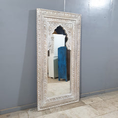 Hand-Carved Whitewash Moroccan Wall Mirror – Rustic Wooden Full Length Mirror | Boho Farmhouse Bedroom & Entryway Decor