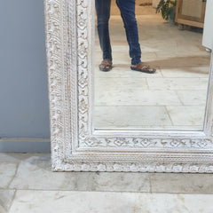 Hand-Carved Whitewash Moroccan Wall Mirror – Rustic Wooden Full Length Mirror | Boho Farmhouse Bedroom & Entryway Decor