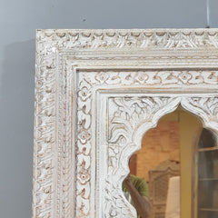 Hand-Carved Whitewash Moroccan Wall Mirror – Rustic Wooden Full Length Mirror | Boho Farmhouse Bedroom & Entryway Decor
