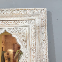 Hand-Carved Whitewash Moroccan Wall Mirror – Rustic Wooden Full Length Mirror | Boho Farmhouse Bedroom & Entryway Decor