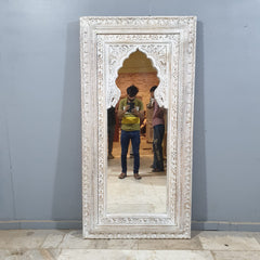 Hand-Carved Whitewash Moroccan Wall Mirror – Rustic Wooden Full Length Mirror | Boho Farmhouse Bedroom & Entryway Decor
