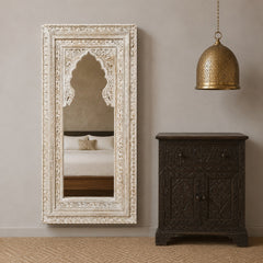 Hand-Carved Whitewash Moroccan Wall Mirror – Rustic Wooden Full Length Mirror | Boho Farmhouse Bedroom & Entryway Decor