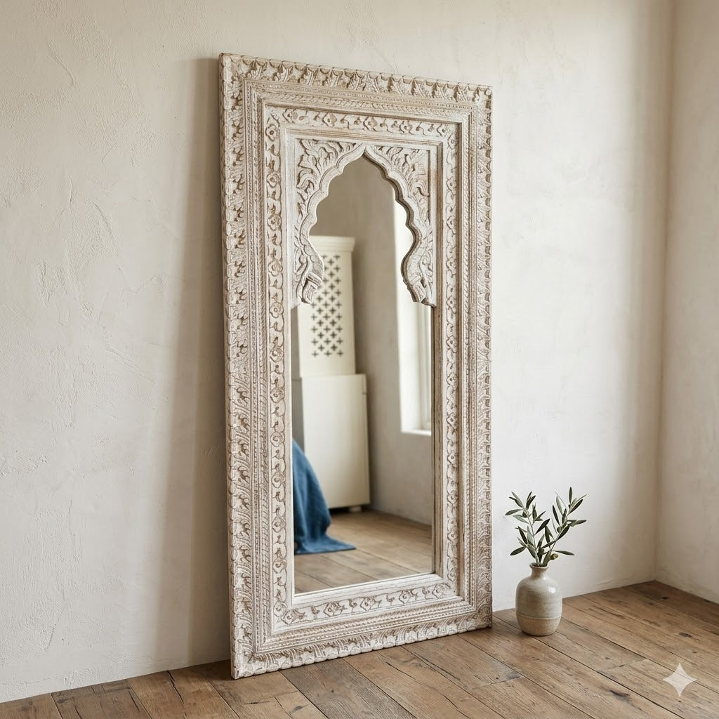 Hand-Carved Whitewash Moroccan Wall Mirror – Rustic Wooden Full Length Mirror | Boho Farmhouse Bedroom & Entryway Decor