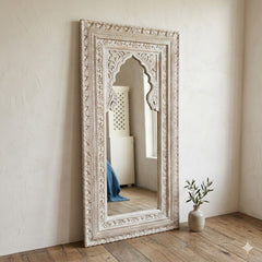 Hand-Carved Whitewash Moroccan Wall Mirror – Rustic Wooden Full Length Mirror | Boho Farmhouse Bedroom & Entryway Decor