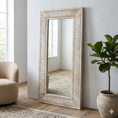 Hand-Carved Whitewash Wooden Wall Mirror – Rustic Decorative Full Length Mirror | Farmhouse Boho Bedroom Entryway Decor