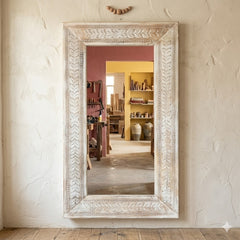 Hand-Carved Whitewash Wooden Wall Mirror – Rustic Decorative Full Length Mirror | Farmhouse Boho Bedroom Entryway Decor