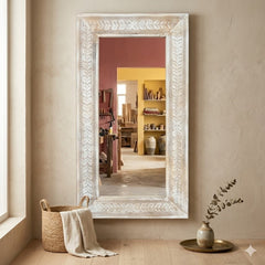 Hand-Carved Whitewash Wooden Wall Mirror – Rustic Decorative Full Length Mirror | Farmhouse Boho Bedroom Entryway Decor