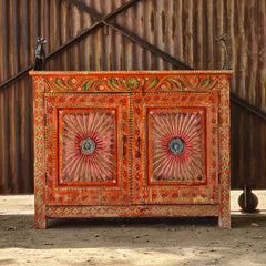 Handcrafted Rajasthan Hand-Painted Wooden Sideboard Cabinet | Traditional Indian Buffet Storage Cabinet with Floral Artwork & Double Doors