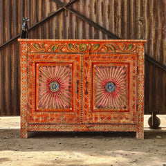 Handcrafted Rajasthan Hand-Painted Wooden Sideboard Cabinet | Traditional Indian Buffet Storage Cabinet with Floral Artwork & Double Doors