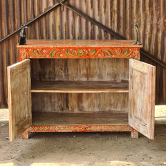 Handcrafted Rajasthan Hand-Painted Wooden Sideboard Cabinet | Traditional Indian Buffet Storage Cabinet with Floral Artwork & Double Doors