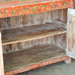 Handcrafted Rajasthan Hand-Painted Wooden Sideboard Cabinet | Traditional Indian Buffet Storage Cabinet with Floral Artwork & Double Doors