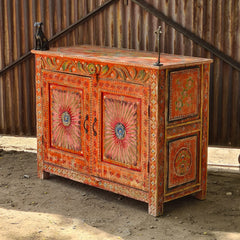 Handcrafted Rajasthan Hand-Painted Wooden Sideboard Cabinet | Traditional Indian Buffet Storage Cabinet with Floral Artwork & Double Doors