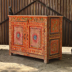 Handcrafted Rajasthan Hand-Painted Wooden Sideboard Cabinet | Traditional Indian Buffet Storage Cabinet with Floral Artwork & Double Doors