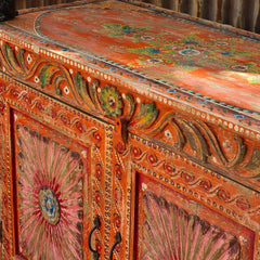 Handcrafted Rajasthan Hand-Painted Wooden Sideboard Cabinet | Traditional Indian Buffet Storage Cabinet with Floral Artwork & Double Doors
