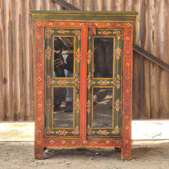 Hand-Painted Wooden Display Cabinet with Glass Doors | Rajasthani Folk Art Storage Cabinet | Solid Wood Accent Furniture