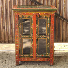 Hand-Painted Wooden Display Cabinet with Glass Doors | Rajasthani Folk Art Storage Cabinet | Solid Wood Accent Furniture