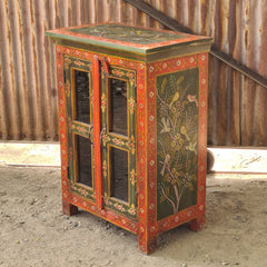 Hand-Painted Wooden Display Cabinet with Glass Doors | Rajasthani Folk Art Storage Cabinet | Solid Wood Accent Furniture