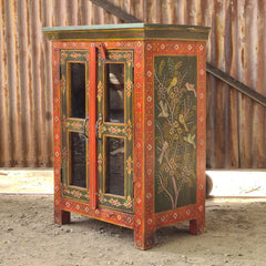 Hand-Painted Wooden Display Cabinet with Glass Doors | Rajasthani Folk Art Storage Cabinet | Solid Wood Accent Furniture