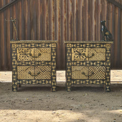 Hand-Painted Wooden Bedside Table with 2 Drawers | Black & Ivory Geometric Nightstand | Handmade Bedroom Furniture