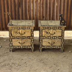 Hand-Painted Wooden Bedside Table with 2 Drawers | Black & Ivory Geometric Nightstand | Handmade Bedroom Furniture