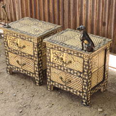 Hand-Painted Wooden Bedside Table with 2 Drawers | Black & Ivory Geometric Nightstand | Handmade Bedroom Furniture