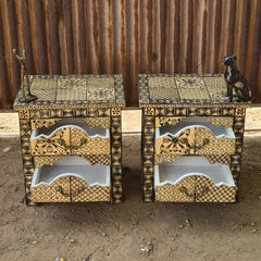 Hand-Painted Wooden Bedside Table with 2 Drawers | Black & Ivory Geometric Nightstand | Handmade Bedroom Furniture