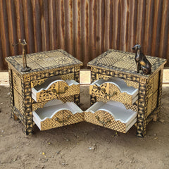 Hand-Painted Wooden Bedside Table with 2 Drawers | Black & Ivory Geometric Nightstand | Handmade Bedroom Furniture