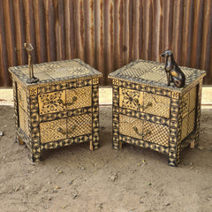 Hand-Painted Wooden Bedside Table with 2 Drawers | Black & Ivory Geometric Nightstand | Handmade Bedroom Furniture
