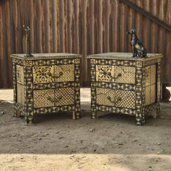 Hand-Painted Wooden Bedside Table with 2 Drawers | Black & Ivory Geometric Nightstand | Handmade Bedroom Furniture