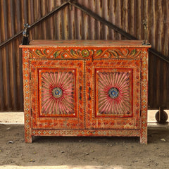 Handcrafted Rajasthan Hand-Painted Wooden Sideboard Cabinet | Traditional Indian Buffet Storage Cabinet with Floral Artwork & Double Doors