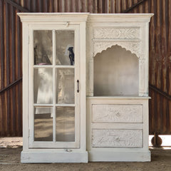 Handcrafted Whitewashed Solid Wood Kitchen Cabinet with Glass Door, Open Display Shelf & Hand-Carved Drawers | Farmhouse Storage Cabinet