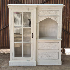 Handcrafted Whitewashed Solid Wood Kitchen Cabinet with Glass Door, Open Display Shelf & Hand-Carved Drawers | Farmhouse Storage Cabinet