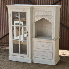 Handcrafted Whitewashed Solid Wood Kitchen Cabinet with Glass Door, Open Display Shelf & Hand-Carved Drawers | Farmhouse Storage Cabinet