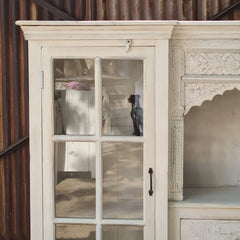 Handcrafted Whitewashed Solid Wood Kitchen Cabinet with Glass Door, Open Display Shelf & Hand-Carved Drawers | Farmhouse Storage Cabinet