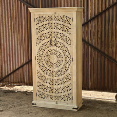 Hand-Carved Mandala Storage Cabinet | Solid Mango Wood Accent Armoire with Double Doors & Geometric Floral Carving