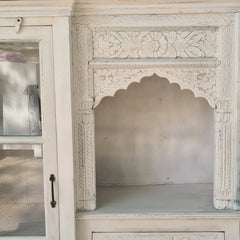 Handcrafted Whitewashed Solid Wood Kitchen Cabinet with Glass Door, Open Display Shelf & Hand-Carved Drawers | Farmhouse Storage Cabinet