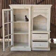 Handcrafted Whitewashed Solid Wood Kitchen Cabinet with Glass Door, Open Display Shelf & Hand-Carved Drawers | Farmhouse Storage Cabinet