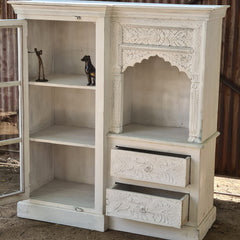 Handcrafted Whitewashed Solid Wood Kitchen Cabinet with Glass Door, Open Display Shelf & Hand-Carved Drawers | Farmhouse Storage Cabinet