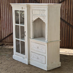 Handcrafted Whitewashed Solid Wood Kitchen Cabinet with Glass Door, Open Display Shelf & Hand-Carved Drawers | Farmhouse Storage Cabinet