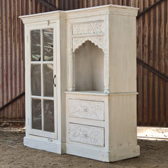 Handcrafted Whitewashed Solid Wood Kitchen Cabinet with Glass Door, Open Display Shelf & Hand-Carved Drawers | Farmhouse Storage Cabinet