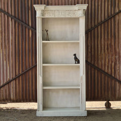 Solid Wood Whitewash Bookcase | Open Display Bookshelf with Architectural Columns | Handcrafted Storage & Display Shelf