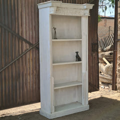 Solid Wood Whitewash Bookcase | Open Display Bookshelf with Architectural Columns | Handcrafted Storage & Display Shelf