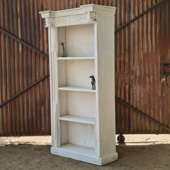 Solid Wood Whitewash Bookcase | Open Display Bookshelf with Architectural Columns | Handcrafted Storage & Display Shelf