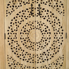 Hand-Carved Mandala Storage Cabinet | Solid Mango Wood Accent Armoire with Double Doors & Geometric Floral Carving