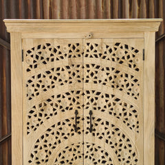Hand-Carved Mandala Storage Cabinet | Solid Mango Wood Accent Armoire with Double Doors & Geometric Floral Carving