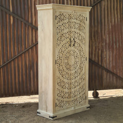 Hand-Carved Mandala Storage Cabinet | Solid Mango Wood Accent Armoire with Double Doors & Geometric Floral Carving