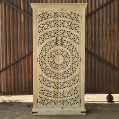 Hand-Carved Mandala Storage Cabinet | Solid Mango Wood Accent Armoire with Double Doors & Geometric Floral Carving