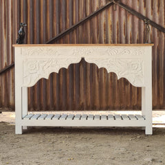 Hand-Carved Whitewash Console Table with Lower Shelf | Solid Wood Entryway, Hallway & Living Room Accent Table