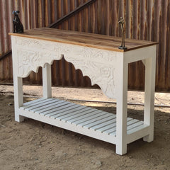 Hand-Carved Whitewash Console Table with Lower Shelf | Solid Wood Entryway, Hallway & Living Room Accent Table
