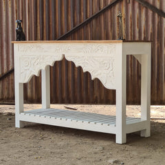 Hand-Carved Whitewash Console Table with Lower Shelf | Solid Wood Entryway, Hallway & Living Room Accent Table